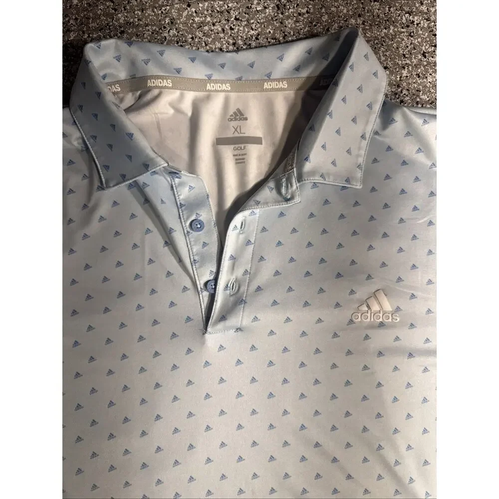 ADIDAS Mens Size XL 2X Athletic Golf Polo Shirt Adidas Logo Pattern Light Blue